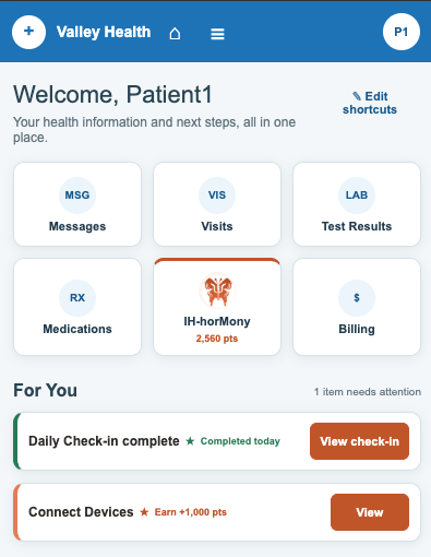Synthetic patient portal showing IH-horMONY rewards and care tasks