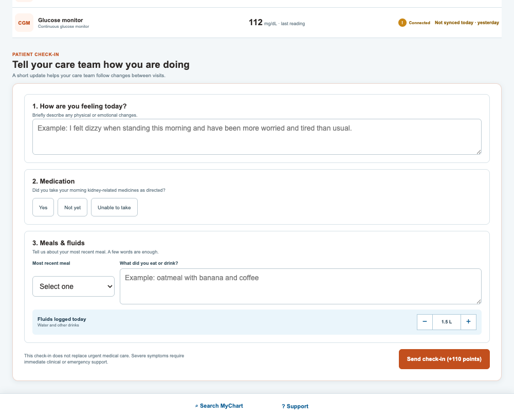 Synthetic IH-horMONY patient check-in for symptoms, medication, meals, and fluids