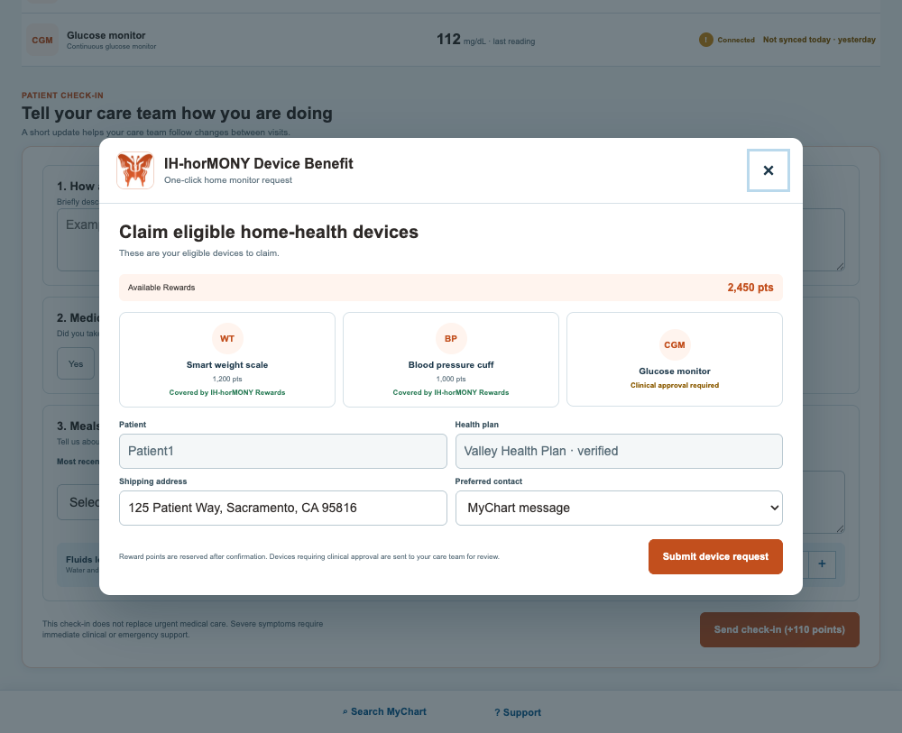 Synthetic IH-horMONY device claim showing reward-covered and clinically approved devices